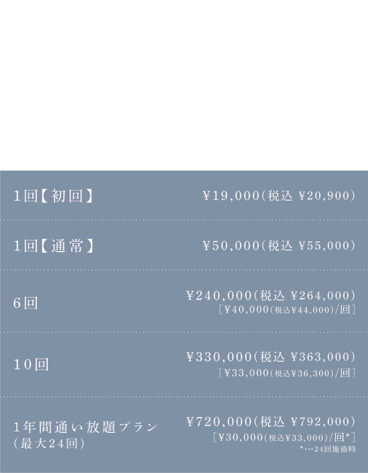 パルスネクストの料金表 1回【初回】:¥19,000(税込 ¥20,900) 1回【通常】:¥50,000(税込 ¥55,000) 6回:¥240,000(税込 ¥264,000) 10回:¥330,000(税込 ¥363,000) 1年間通い放題プラン(最大24回):¥720,000(税込 ¥792,000)  パルスネクストの施術概要 施術時間:約15～30分程度 施術前の準備:なし 施術後の通院:なし リスク、副作用:個人差はありますがダウンタイムがほとんどありません。ごく稀に施術後に腫れが生じ、一時的に普段よりもいびきが大きくなる可能性がありますが、術後の経過とともに腫れは落ち着き、改善されていきます。 メイク:施術後すぐに可能 洗顔:当日から可能 入浴:施術後すぐに可能